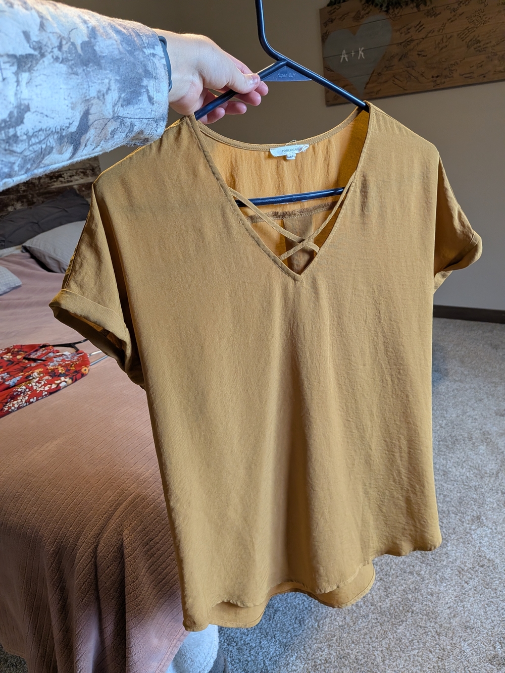 Maurices Mustard V-Neck Short Sleeve Top with Crisscross Detail